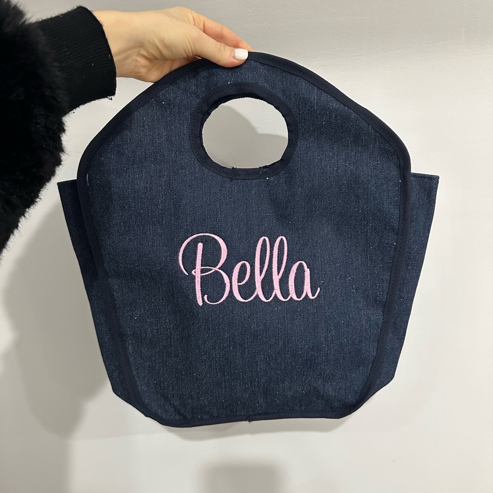 Denim bag embroidered “Bella” personalized key hole bag tote